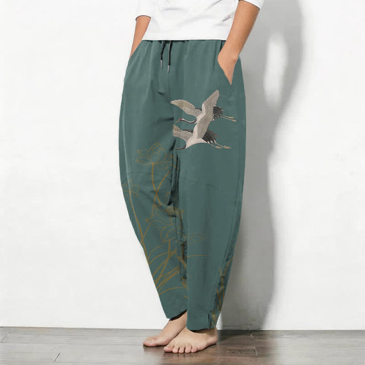 Buddha Stones Pure Cotton Flying Crane Lotus Pattern Drawstring Men's Tapered Pants With Pockets - image 12