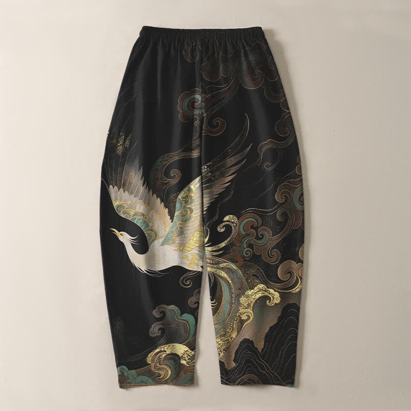 Buddha Stones Pure Cotton Crane Cloud Wave Pattern Drawstring Men's Tapered Pants With Pockets - image 3