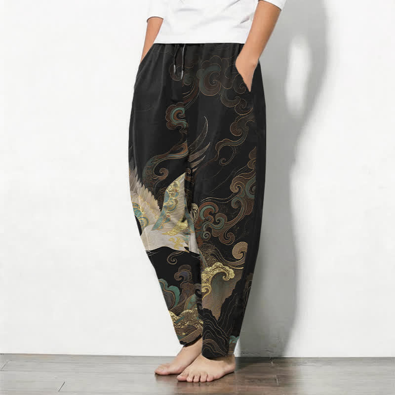 Buddha Stones Pure Cotton Crane Cloud Wave Pattern Drawstring Men's Tapered Pants With Pockets - image 1