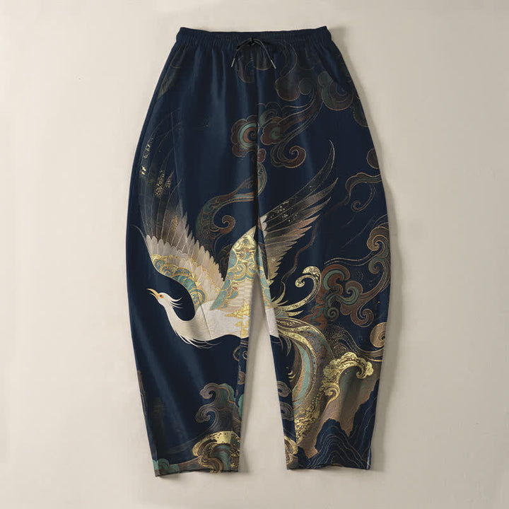 Buddha Stones Pure Cotton Crane Cloud Wave Pattern Drawstring Men's Tapered Pants With Pockets - image 9