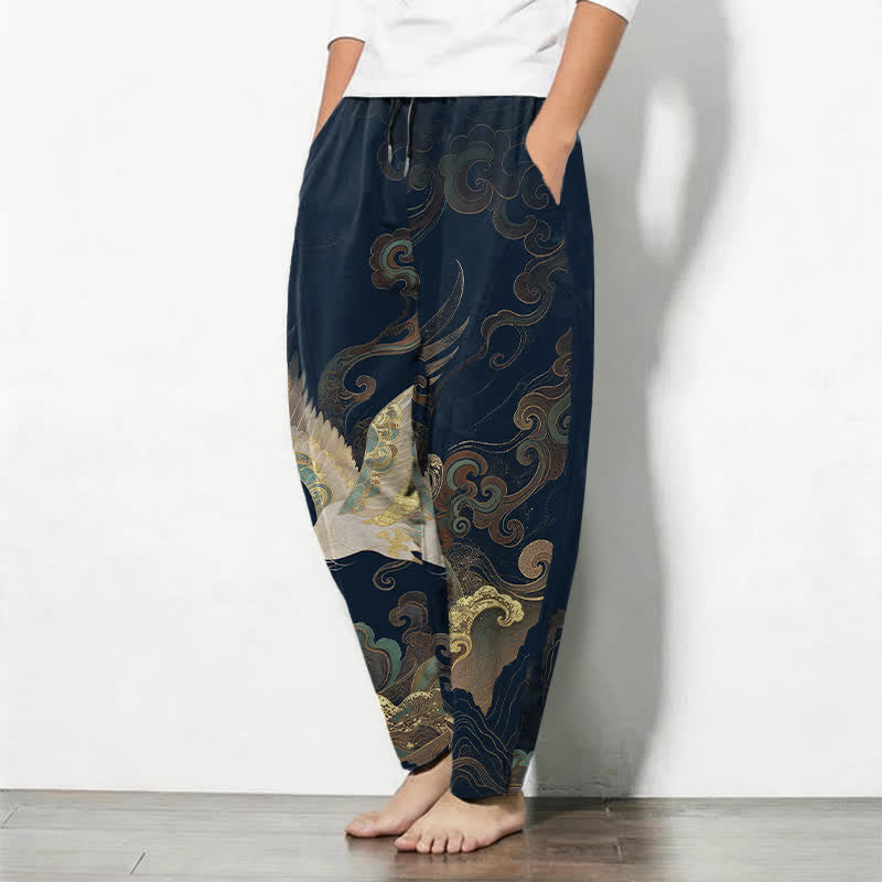 Buddha Stones Pure Cotton Crane Cloud Wave Pattern Drawstring Men's Tapered Pants With Pockets - image 8