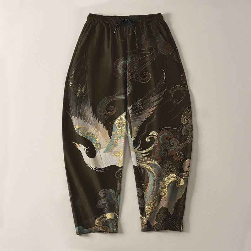 Buddha Stones Pure Cotton Crane Cloud Wave Pattern Drawstring Men's Tapered Pants With Pockets - image 13