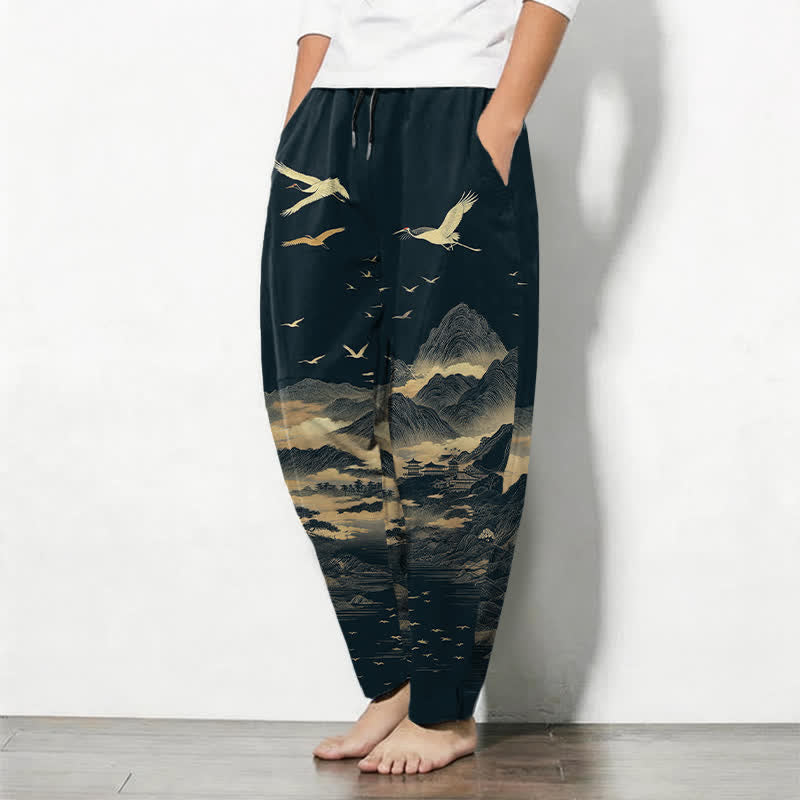 Buddha Stones Pure Cotton Cloud Mountain Crane Pattern Drawstring Men's Tapered Pants With Pockets - image 1