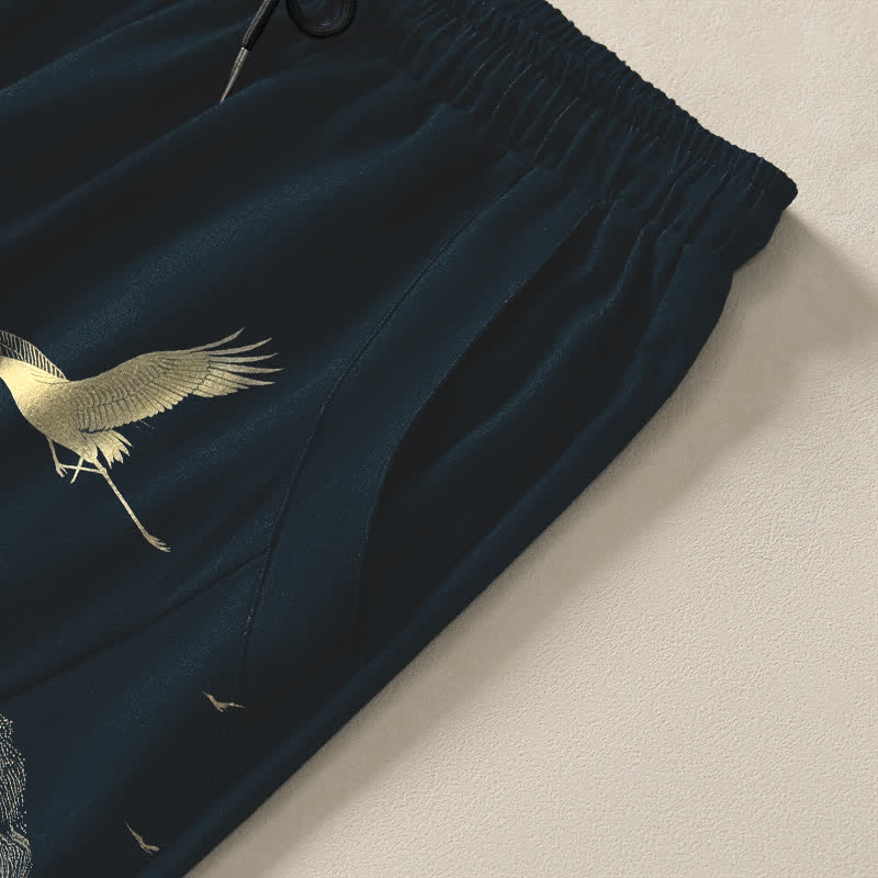 Buddha Stones Pure Cotton Cloud Mountain Crane Pattern Drawstring Men's Tapered Pants With Pockets - image 4