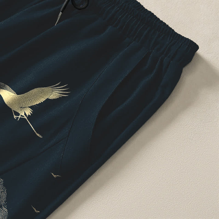 Buddha Stones Pure Cotton Cloud Mountain Crane Pattern Drawstring Men's Tapered Pants With Pockets - image 4