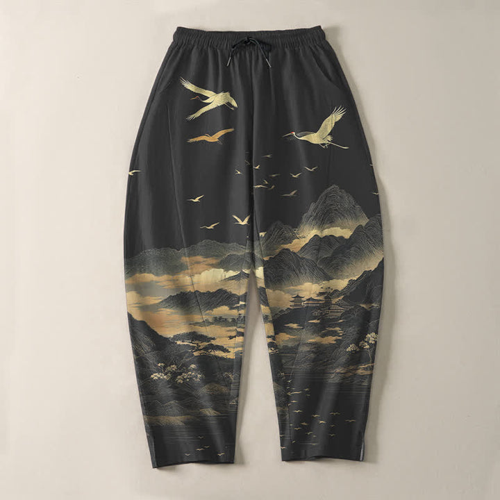 Buddha Stones Pure Cotton Cloud Mountain Crane Pattern Drawstring Men's Tapered Pants With Pockets - image 9
