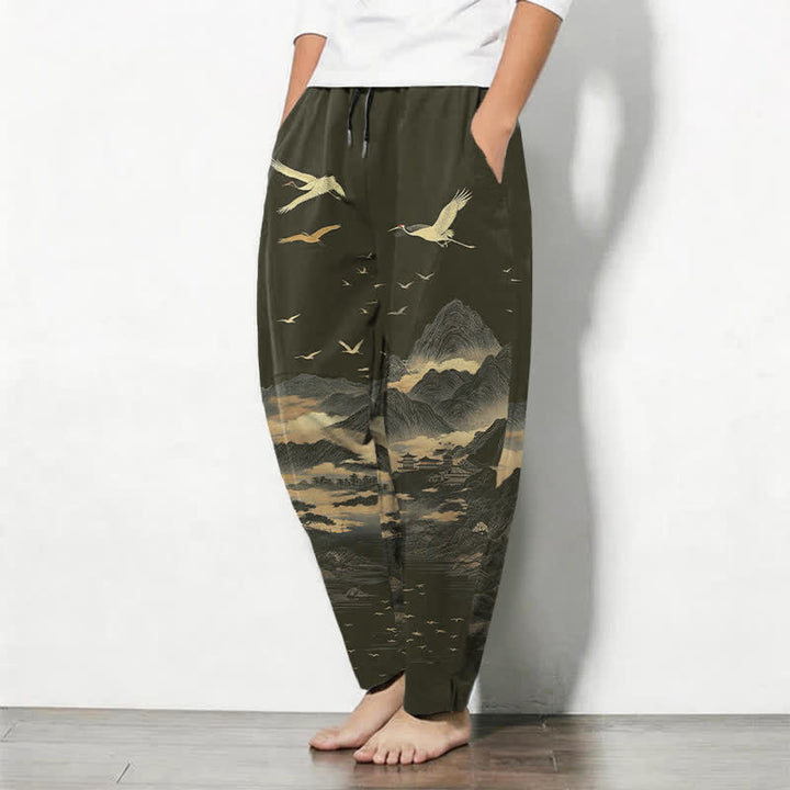 Buddha Stones Pure Cotton Cloud Mountain Crane Pattern Drawstring Men's Tapered Pants With Pockets - image 12