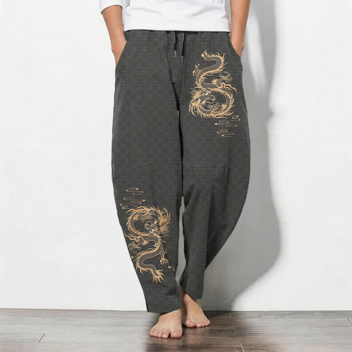 Buddha Stones Pure Cotton Golden Dragon Pattern Drawstring Men's Tapered Pants With Pockets - DimGray - US/UK/AU50，EU60 (5XL) - image 0