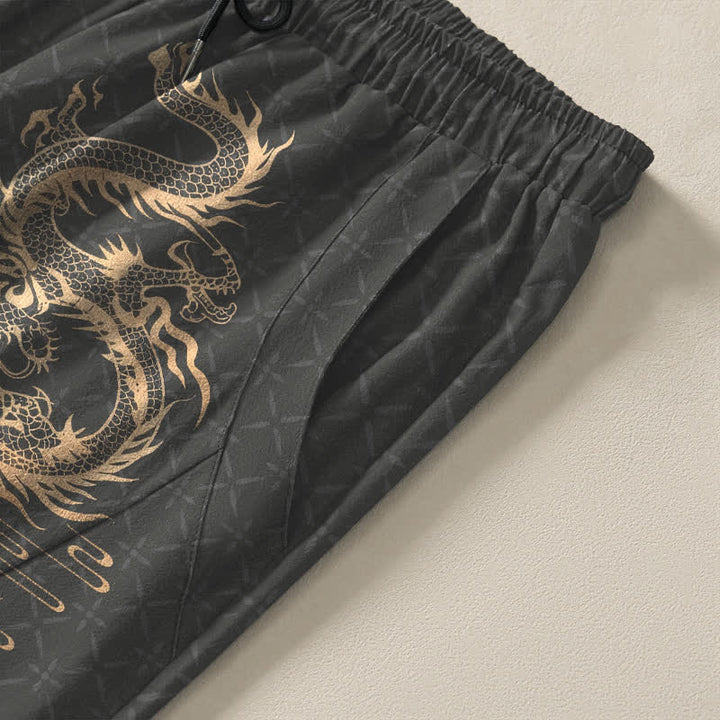 Buddha Stones Pure Cotton Golden Dragon Pattern Drawstring Men's Tapered Pants With Pockets - image 4