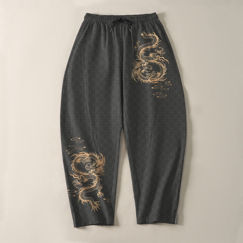 Buddha Stones Pure Cotton Golden Dragon Pattern Drawstring Men's Tapered Pants With Pockets - image 2