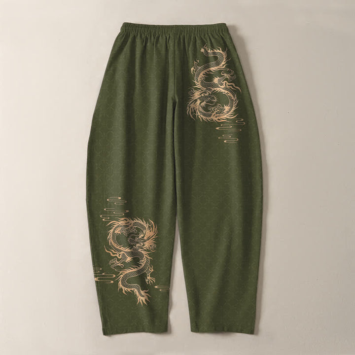 Buddha Stones Pure Cotton Golden Dragon Pattern Drawstring Men's Tapered Pants With Pockets - image 10