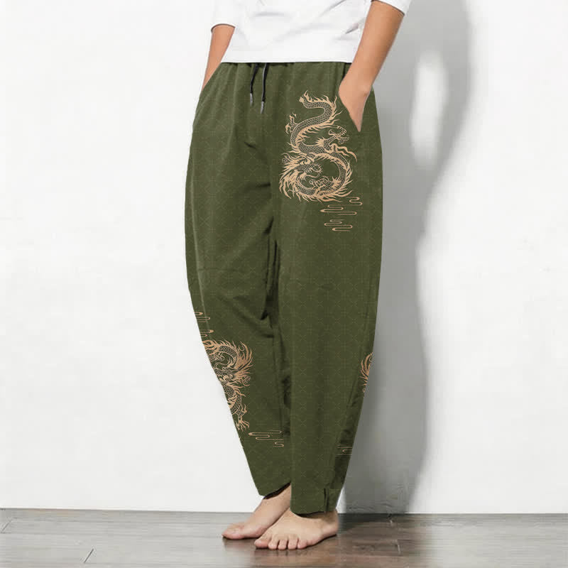 Buddha Stones Pure Cotton Golden Dragon Pattern Drawstring Men's Tapered Pants With Pockets - image 8