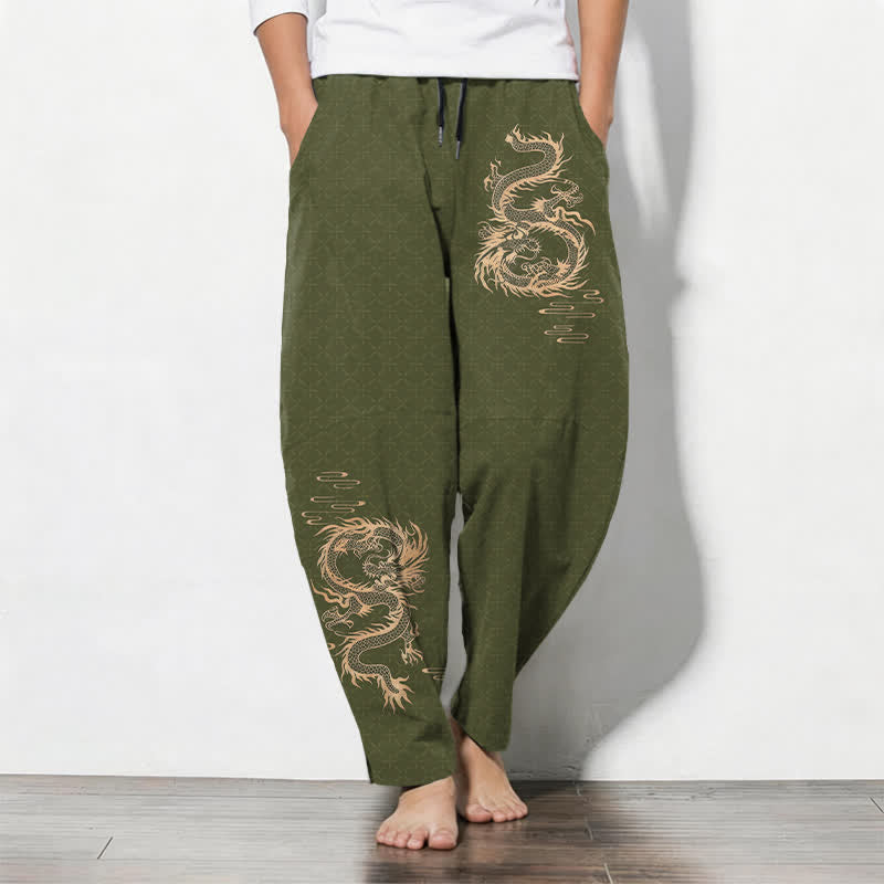 Buddha Stones Pure Cotton Golden Dragon Pattern Drawstring Men's Tapered Pants With Pockets - OliveDrab - US/UK/AU50，EU60 (5XL) - image 7