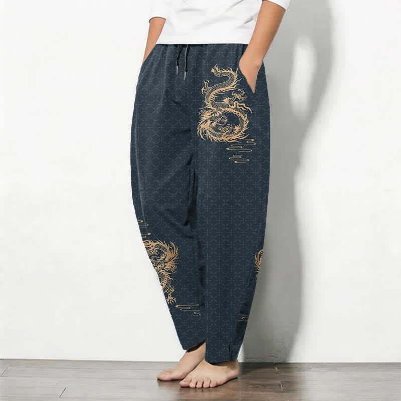 Buddha Stones Pure Cotton Golden Dragon Pattern Drawstring Men's Tapered Pants With Pockets - image 12