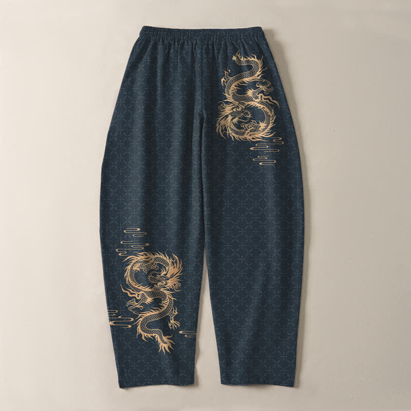 Buddha Stones Pure Cotton Golden Dragon Pattern Drawstring Men's Tapered Pants With Pockets - image 14