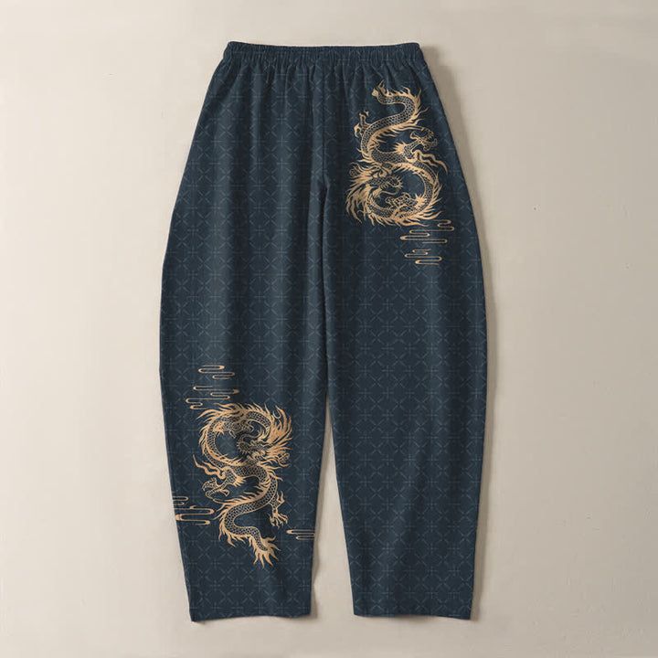 Buddha Stones Pure Cotton Golden Dragon Pattern Drawstring Men's Tapered Pants With Pockets - image 14
