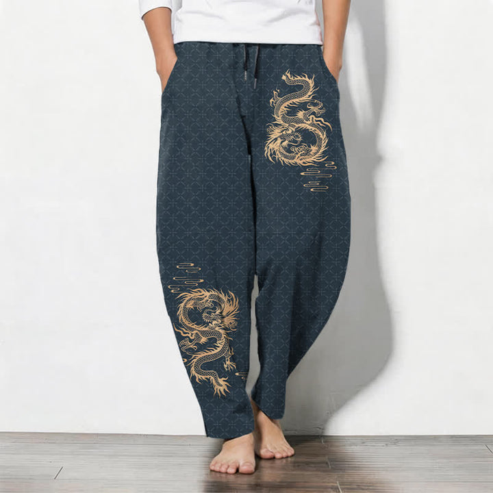 Buddha Stones Pure Cotton Golden Dragon Pattern Drawstring Men's Tapered Pants With Pockets - DarkSlateGray - US/UK/AU50，EU60 (5XL) - image 11
