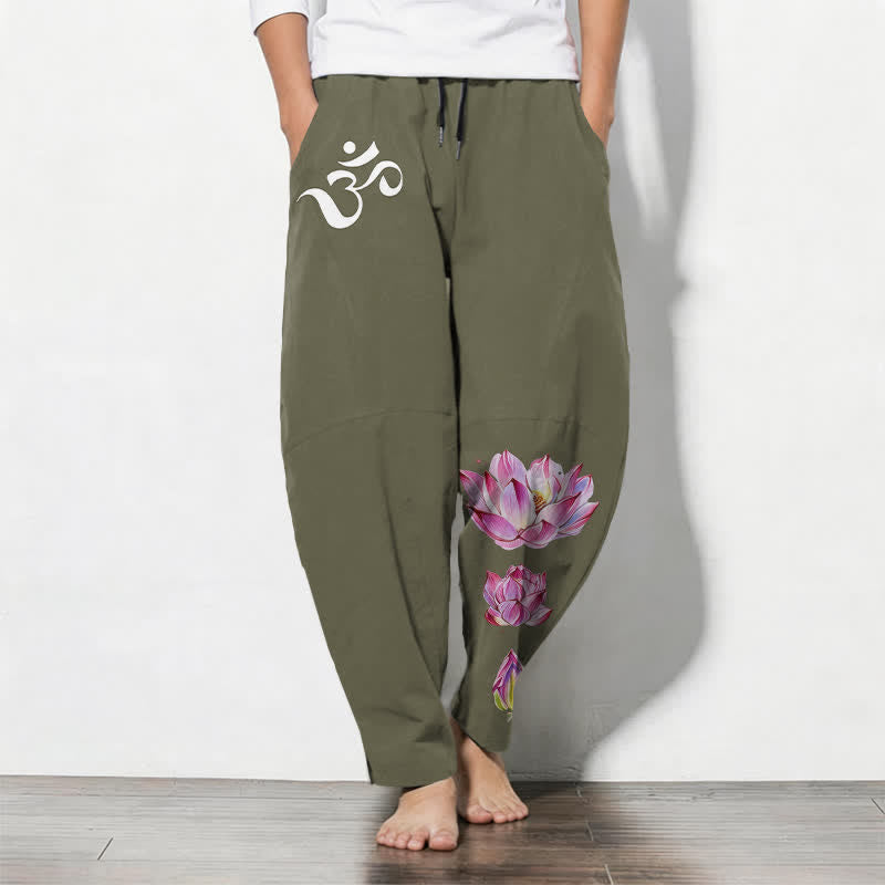 Buddha Stones Pure Cotton Pink Lotus Om Pattern Drawstring Men's Tapered Pants With Pockets - OliveDrab - US/UK/AU50，EU60 (5XL) - image 0