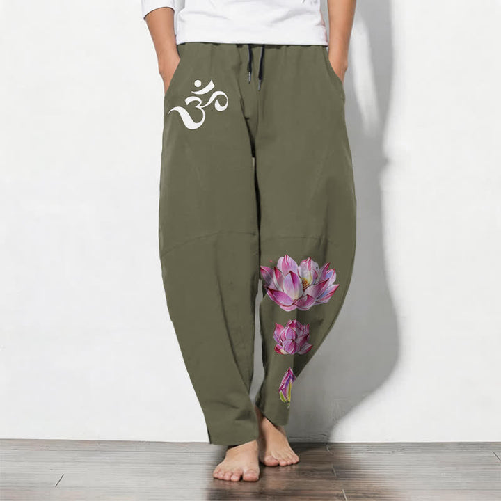 Buddha Stones Pure Cotton Pink Lotus Om Pattern Drawstring Men's Tapered Pants With Pockets - OliveDrab - US/UK/AU50，EU60 (5XL) - image 0