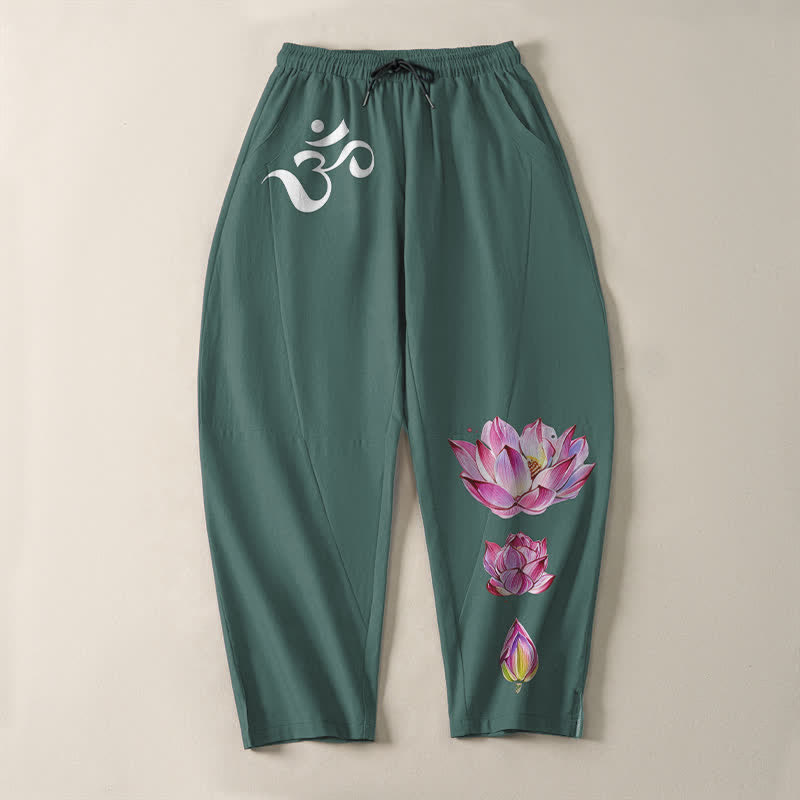 Buddha Stones Pure Cotton Pink Lotus Om Pattern Drawstring Men's Tapered Pants With Pockets - image 9