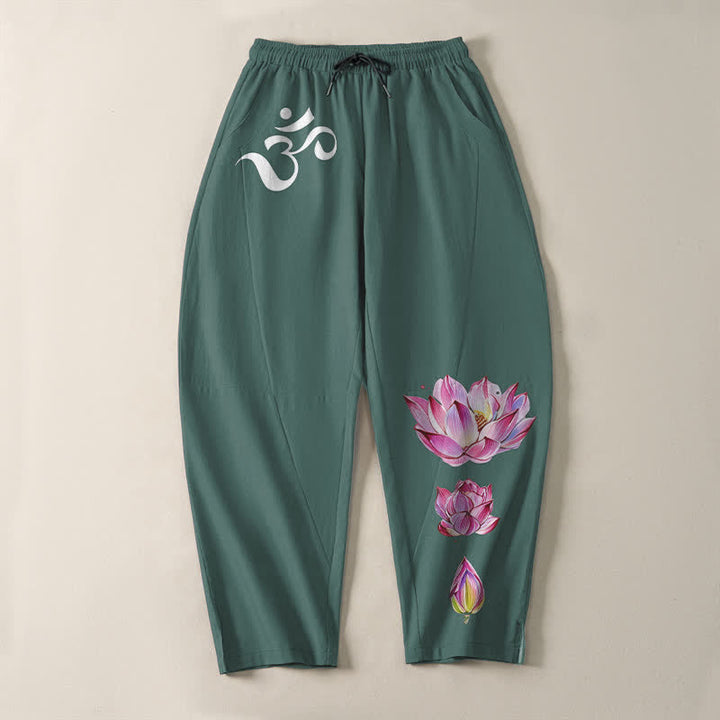 Buddha Stones Pure Cotton Pink Lotus Om Pattern Drawstring Men's Tapered Pants With Pockets - image 9
