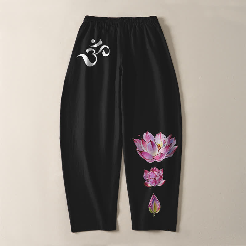 Buddha Stones Pure Cotton Pink Lotus Om Pattern Drawstring Men's Tapered Pants With Pockets - image 14