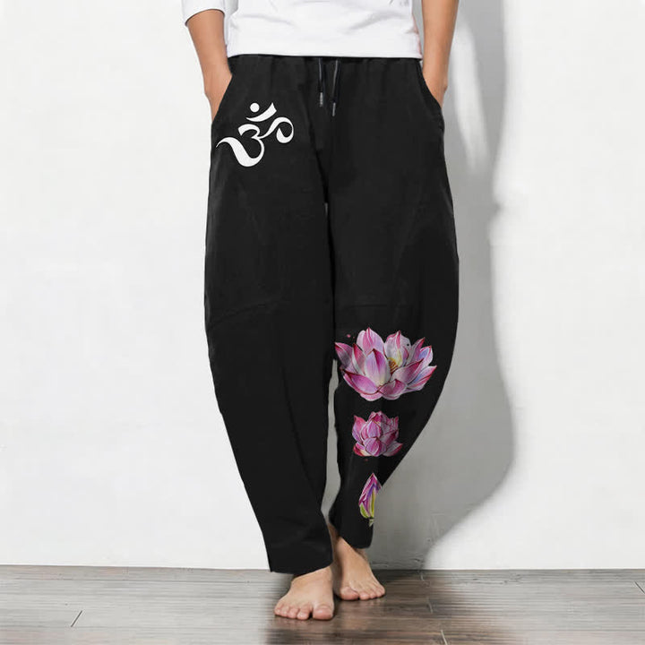 Buddha Stones Pure Cotton Pink Lotus Om Pattern Drawstring Men's Tapered Pants With Pockets - Black - US/UK/AU50，EU60 (5XL) - image 11