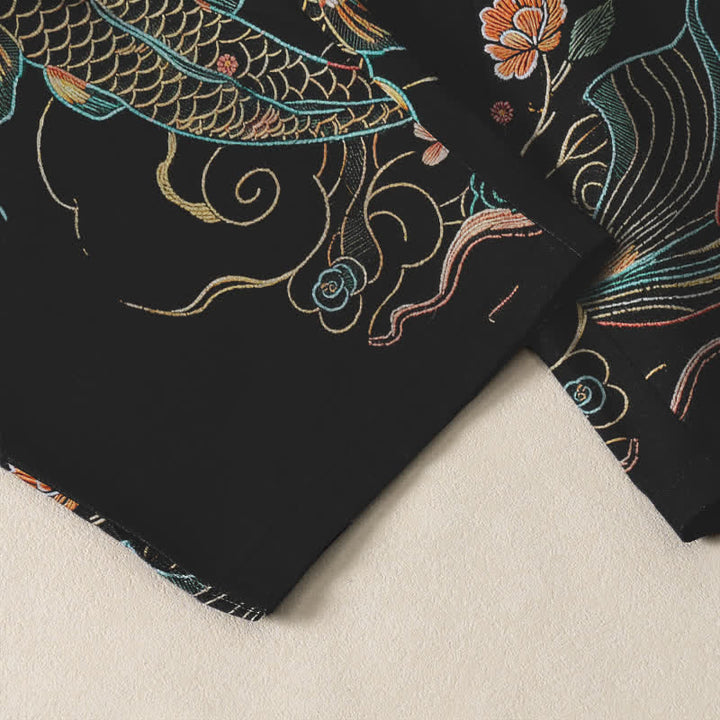 Buddha Stones Pure Cotton Koi Fish Floral Pattern Drawstring Men's Tapered Pants With Pockets - image 5