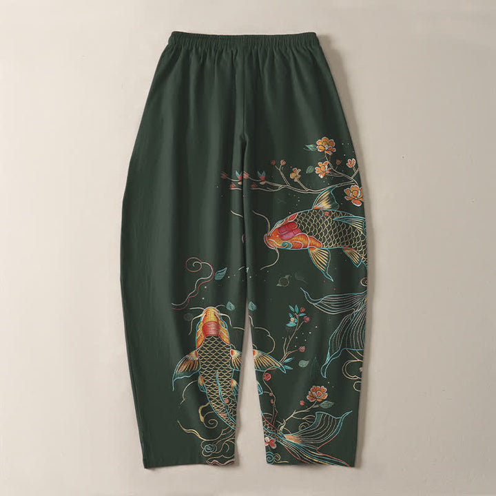 Buddha Stones Pure Cotton Koi Fish Floral Pattern Drawstring Men's Tapered Pants With Pockets - image 10