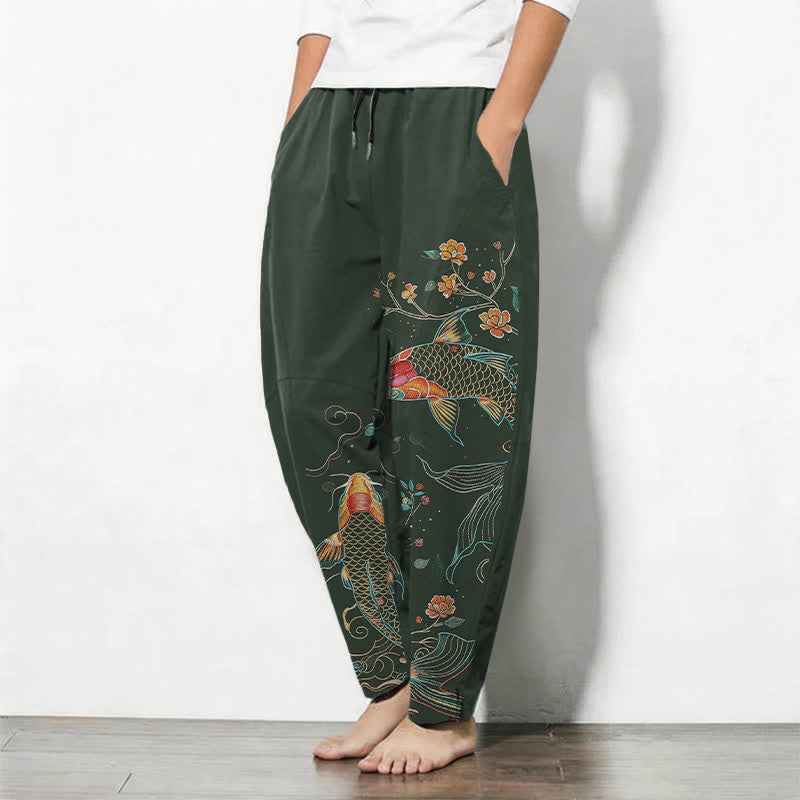 Buddha Stones Pure Cotton Koi Fish Floral Pattern Drawstring Men's Tapered Pants With Pockets - image 8