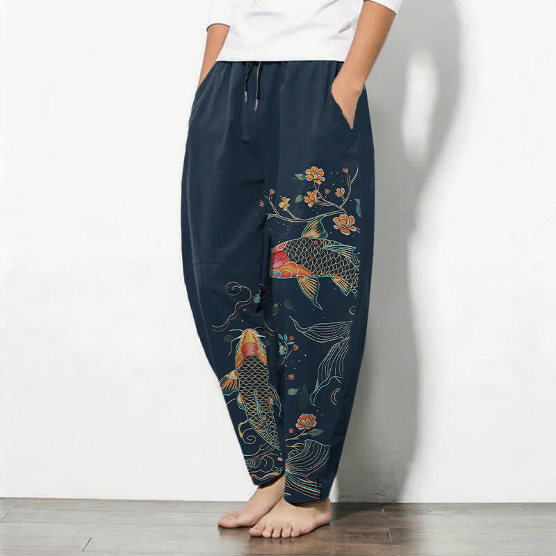 Buddha Stones Pure Cotton Koi Fish Floral Pattern Drawstring Men's Tapered Pants With Pockets - image 12