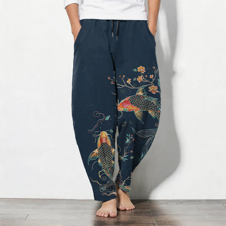 Buddha Stones Pure Cotton Koi Fish Floral Pattern Drawstring Men's Tapered Pants With Pockets - Navy - US/UK/AU50，EU60 (5XL) - image 11