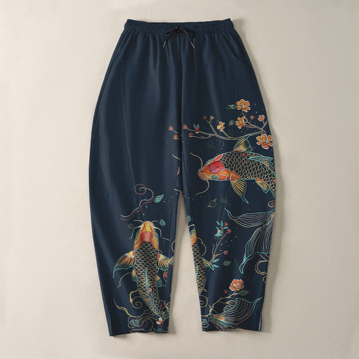 Buddha Stones Pure Cotton Koi Fish Floral Pattern Drawstring Men's Tapered Pants With Pockets - image 13