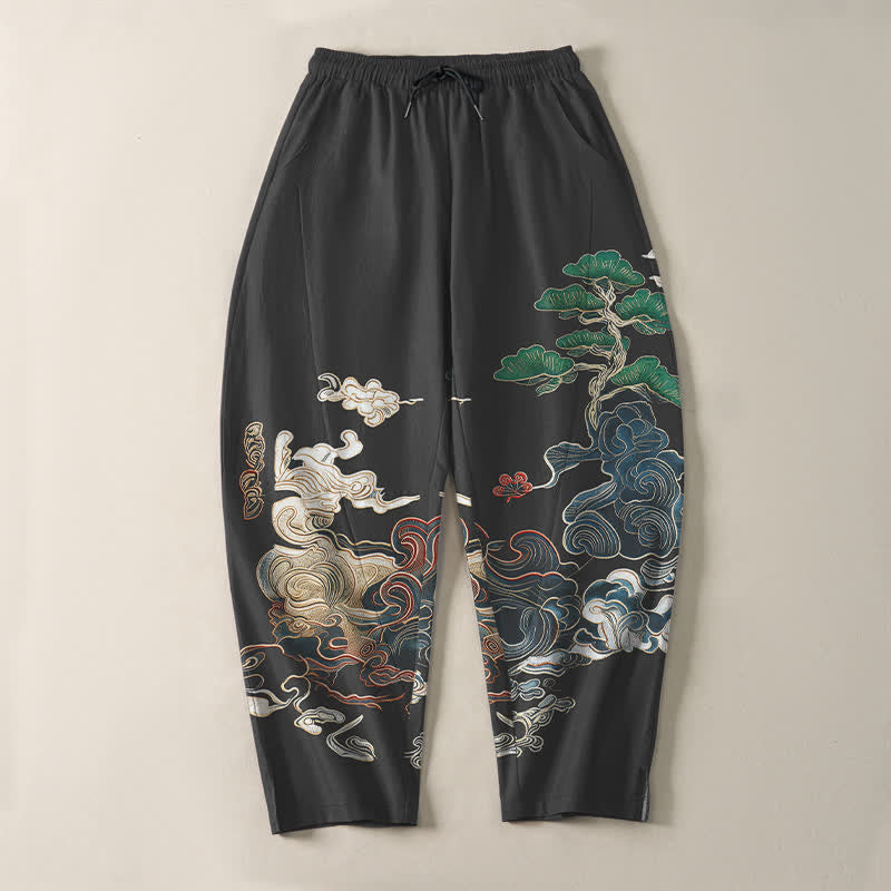 Buddha Stones Pure Cotton Cloud Pine Wave Pattern Drawstring Men's Tapered Pants With Pockets - image 2