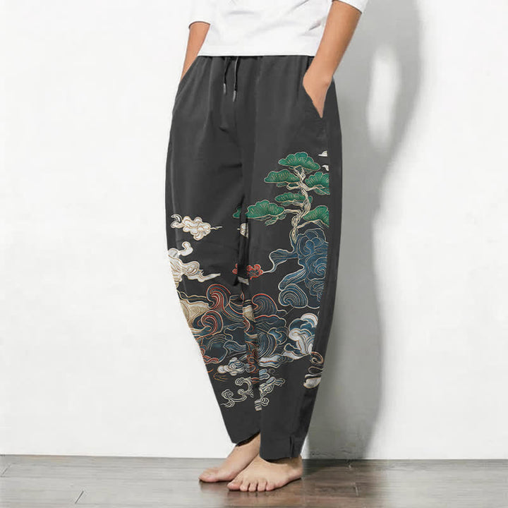 Buddha Stones Pure Cotton Cloud Pine Wave Pattern Drawstring Men's Tapered Pants With Pockets - image 1