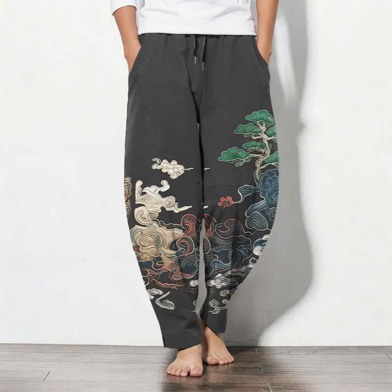 Buddha Stones Pure Cotton Cloud Pine Wave Pattern Drawstring Men's Tapered Pants With Pockets - DimGray - US/UK/AU50，EU60 (5XL) - image 0