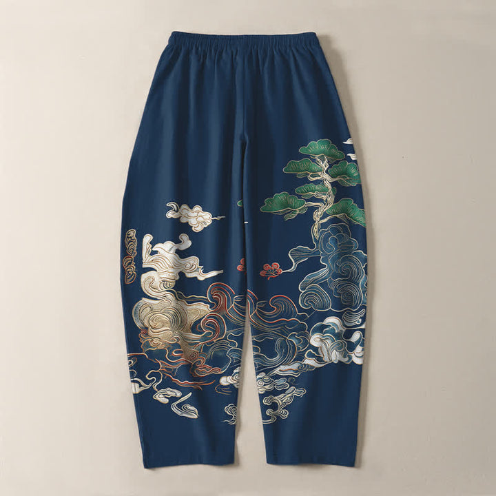 Buddha Stones Pure Cotton Cloud Pine Wave Pattern Drawstring Men's Tapered Pants With Pockets - image 10