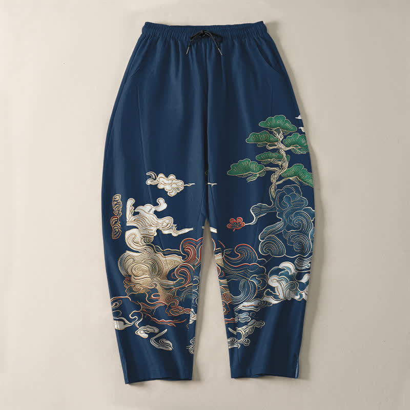 Buddha Stones Pure Cotton Cloud Pine Wave Pattern Drawstring Men's Tapered Pants With Pockets - image 9
