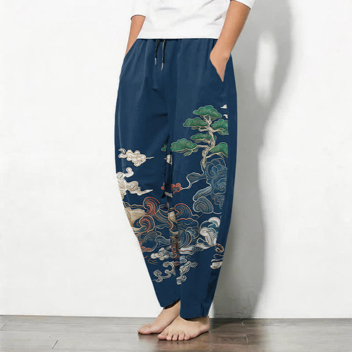 Buddha Stones Pure Cotton Cloud Pine Wave Pattern Drawstring Men's Tapered Pants With Pockets - image 8