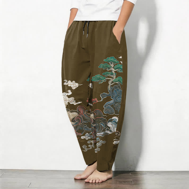 Buddha Stones Pure Cotton Cloud Pine Wave Pattern Drawstring Men's Tapered Pants With Pockets - image 12