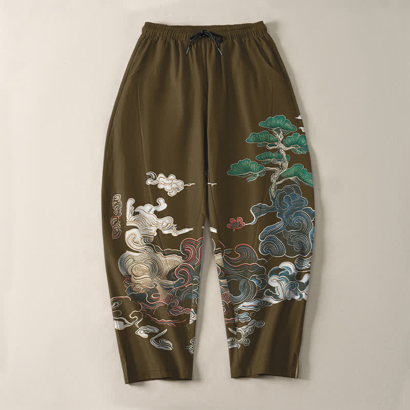 Buddha Stones Pure Cotton Cloud Pine Wave Pattern Drawstring Men's Tapered Pants With Pockets - image 13