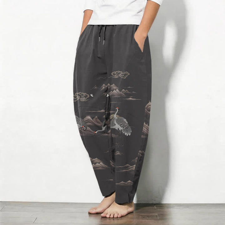 Buddha Stones Pure Cotton Crane Cloud Mountain Pattern Drawstring Men's Tapered Pants With Pockets - image 1