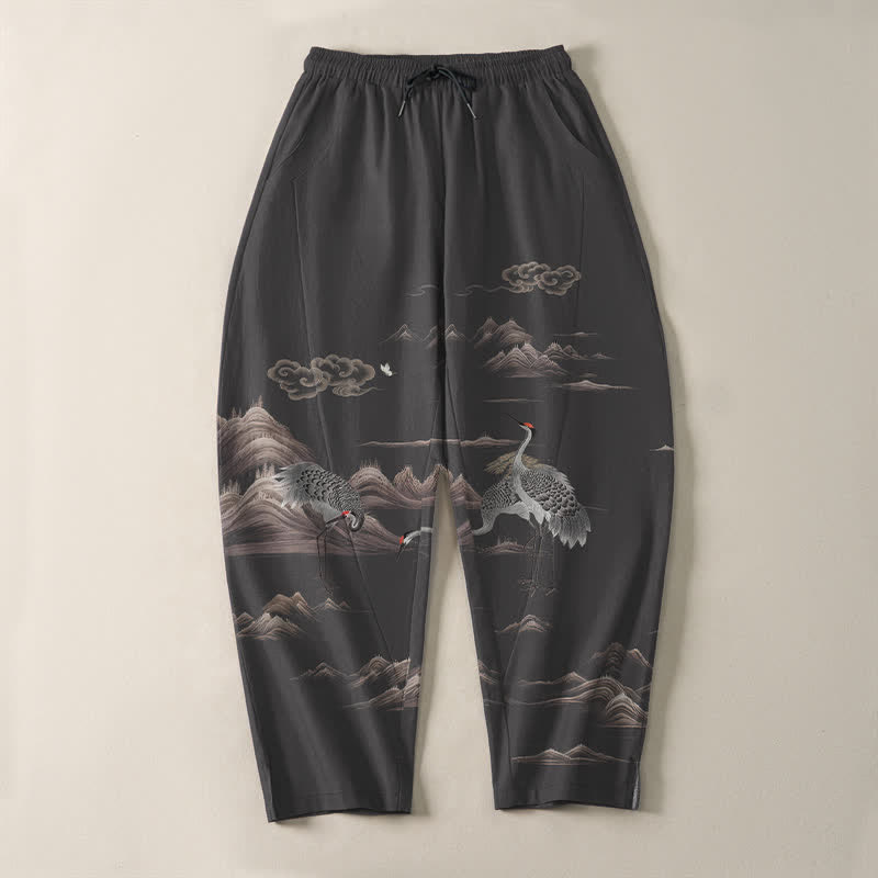 Buddha Stones Pure Cotton Crane Cloud Mountain Pattern Drawstring Men's Tapered Pants With Pockets - image 2