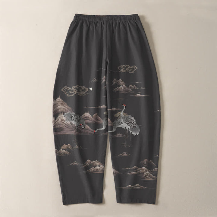 Buddha Stones Pure Cotton Crane Cloud Mountain Pattern Drawstring Men's Tapered Pants With Pockets - image 3