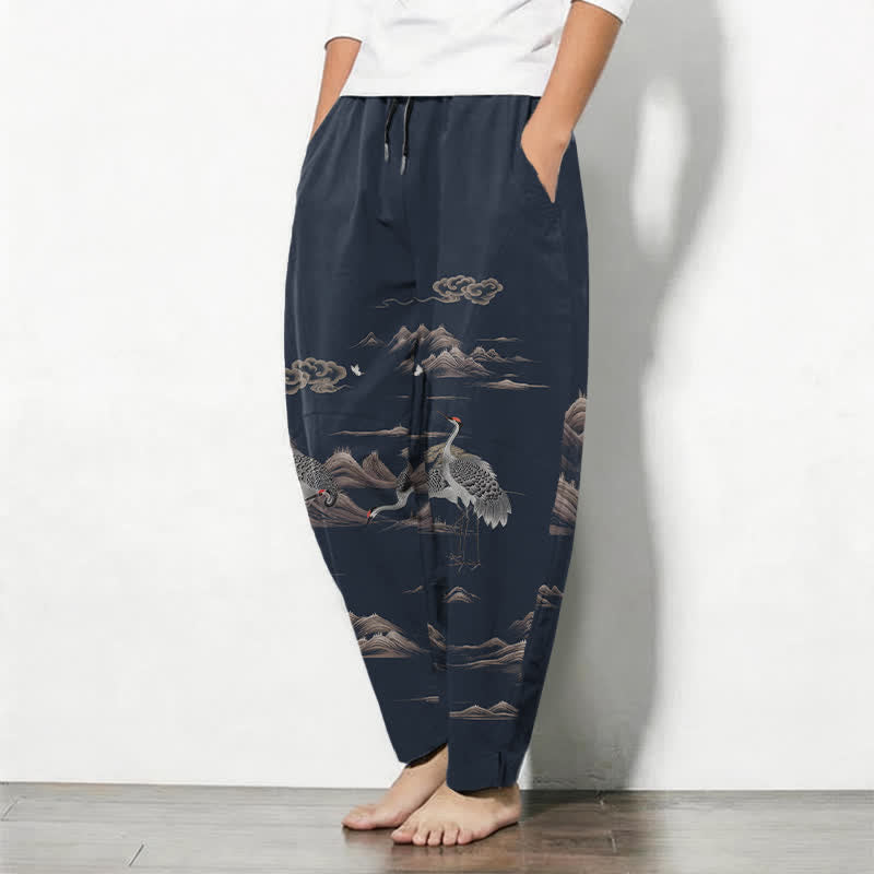 Buddha Stones Pure Cotton Crane Cloud Mountain Pattern Drawstring Men's Tapered Pants With Pockets - image 8