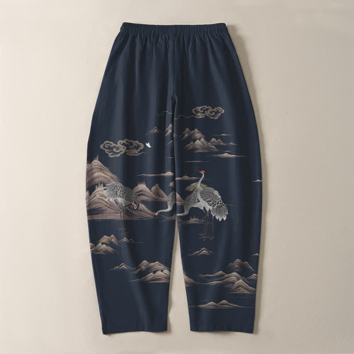 Buddha Stones Pure Cotton Crane Cloud Mountain Pattern Drawstring Men's Tapered Pants With Pockets - image 10