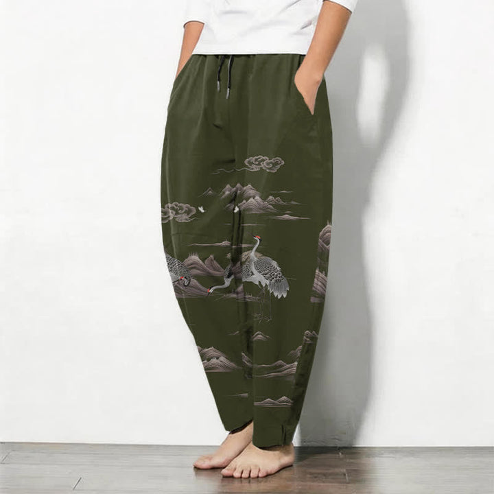 Buddha Stones Pure Cotton Crane Cloud Mountain Pattern Drawstring Men's Tapered Pants With Pockets - image 12
