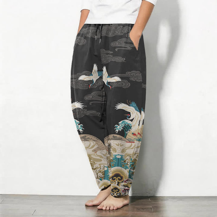 Buddha Stones Pure Cotton Crane Wave Cloud Pattern Drawstring Men's Tapered Pants With Pockets - image 8