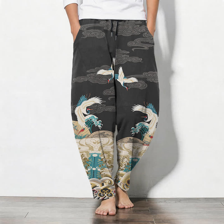 Buddha Stones Pure Cotton Crane Wave Cloud Pattern Drawstring Men's Tapered Pants With Pockets - DimGray - US/UK/AU50，EU60 (5XL) - image 7