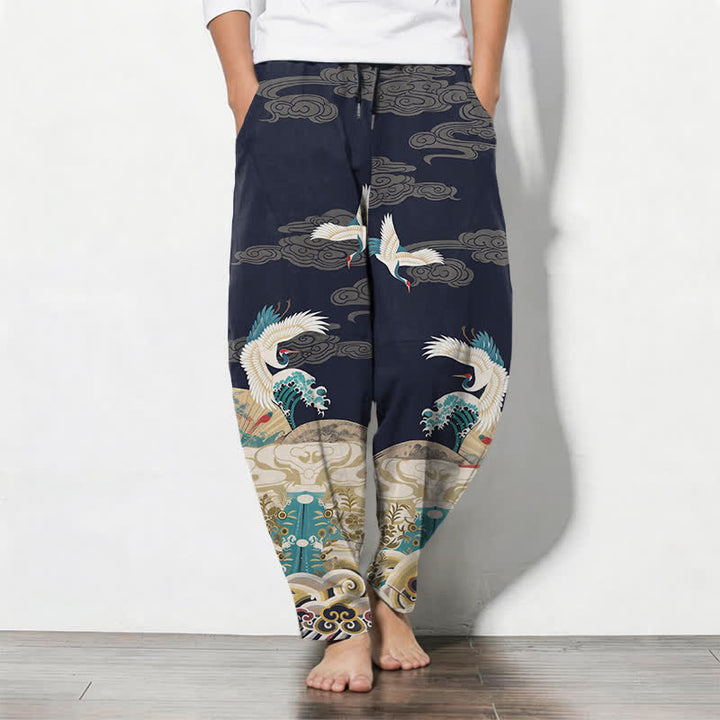Buddha Stones Pure Cotton Crane Wave Cloud Pattern Drawstring Men's Tapered Pants With Pockets - Navy - US/UK/AU50，EU60 (5XL) - image 0